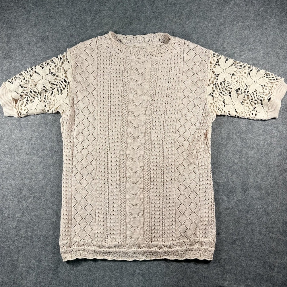 Unbranded Vintage Style Knit Top Medium Beige Floral Lace Sleeve Cable Knit